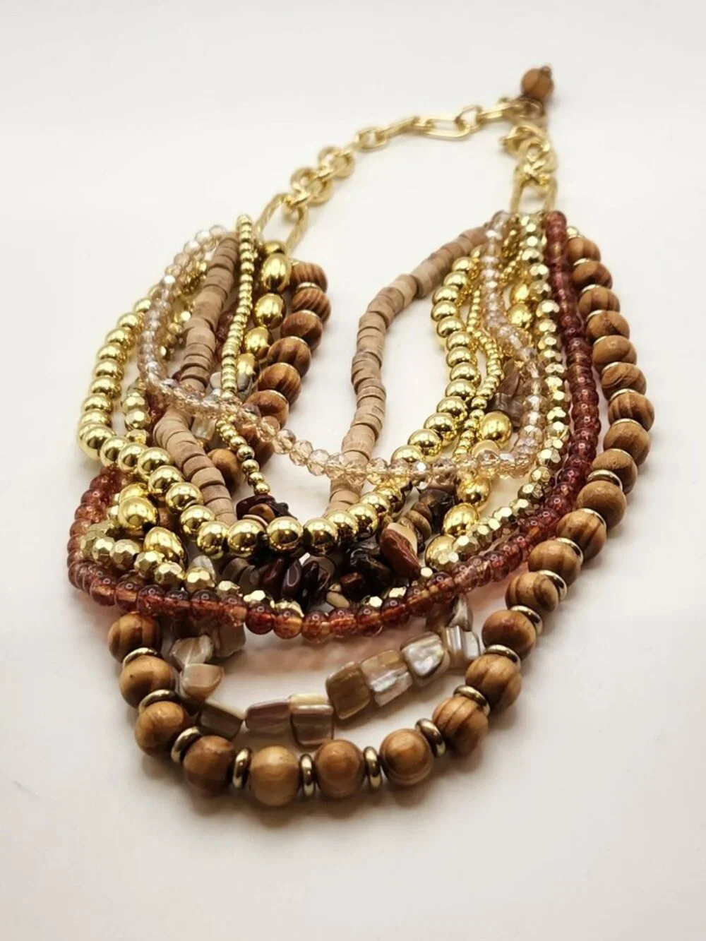 Boho necklace neutral colors gold tone hardware multi strand NIP